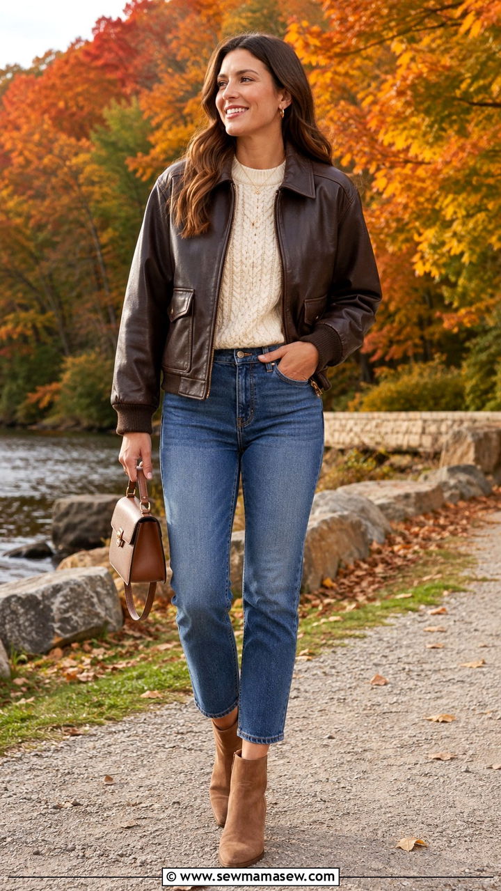 Brown Leather Bomber Jacket With Cream Knit - 25 bomber jacket outfits for women over 40