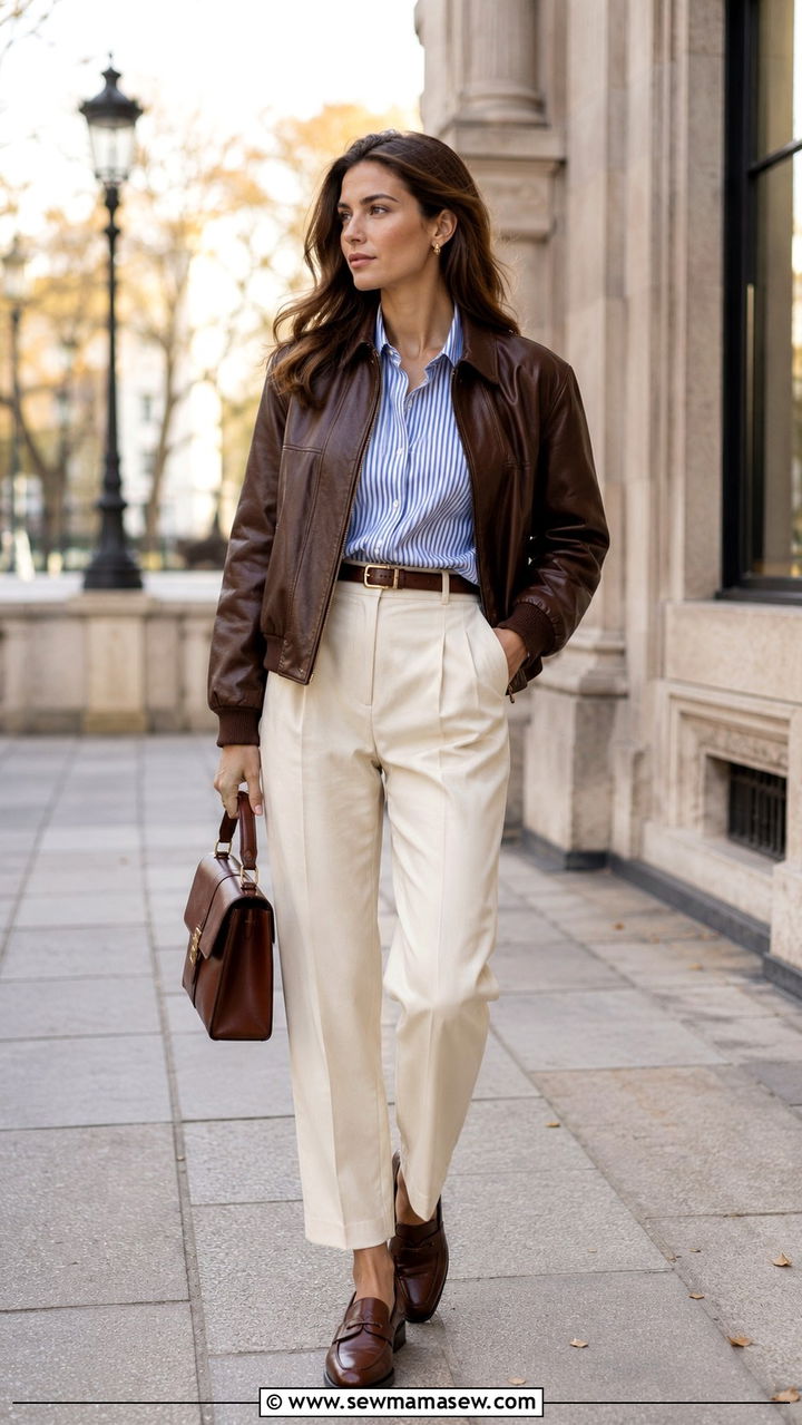 Brown Leather Bomber Jacket With Striped Shirt And Trousers - 30 spring bomber jacket outfit ideas