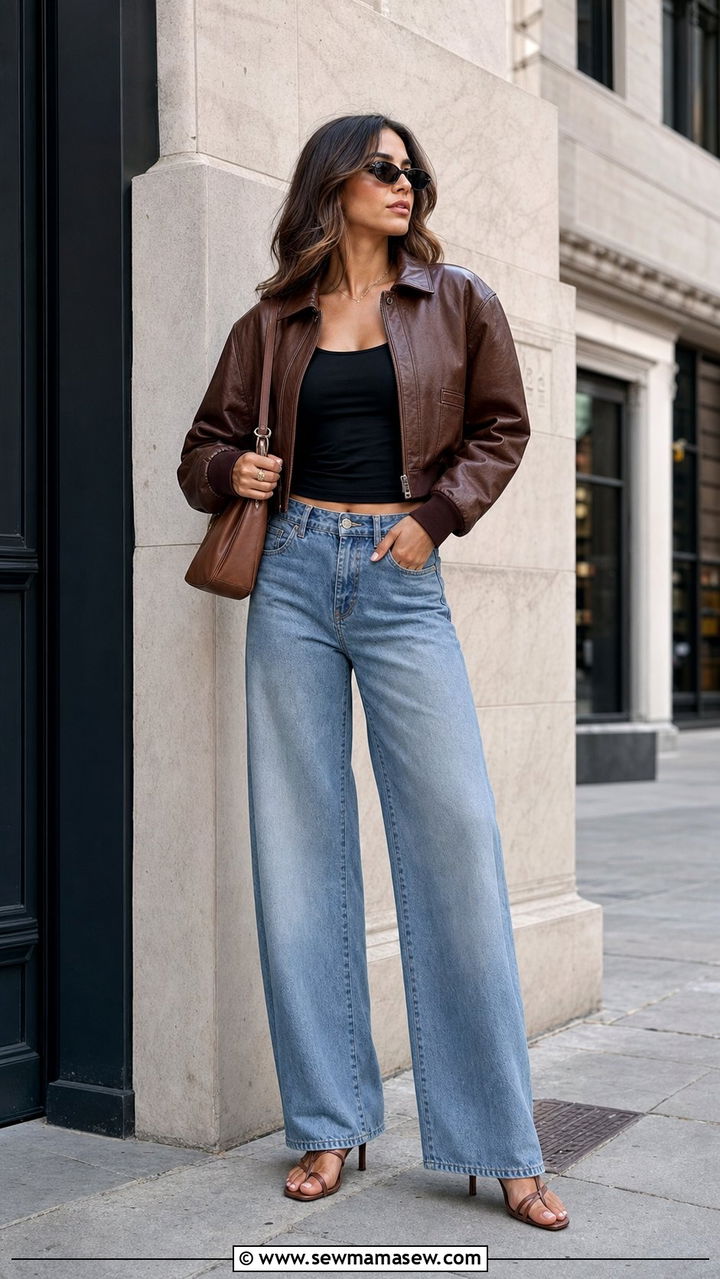 Brown Leather Bomber Jacket With Wide Leg Jeans And Heeled Sandals - 25 Summer outfits with bomber jackets