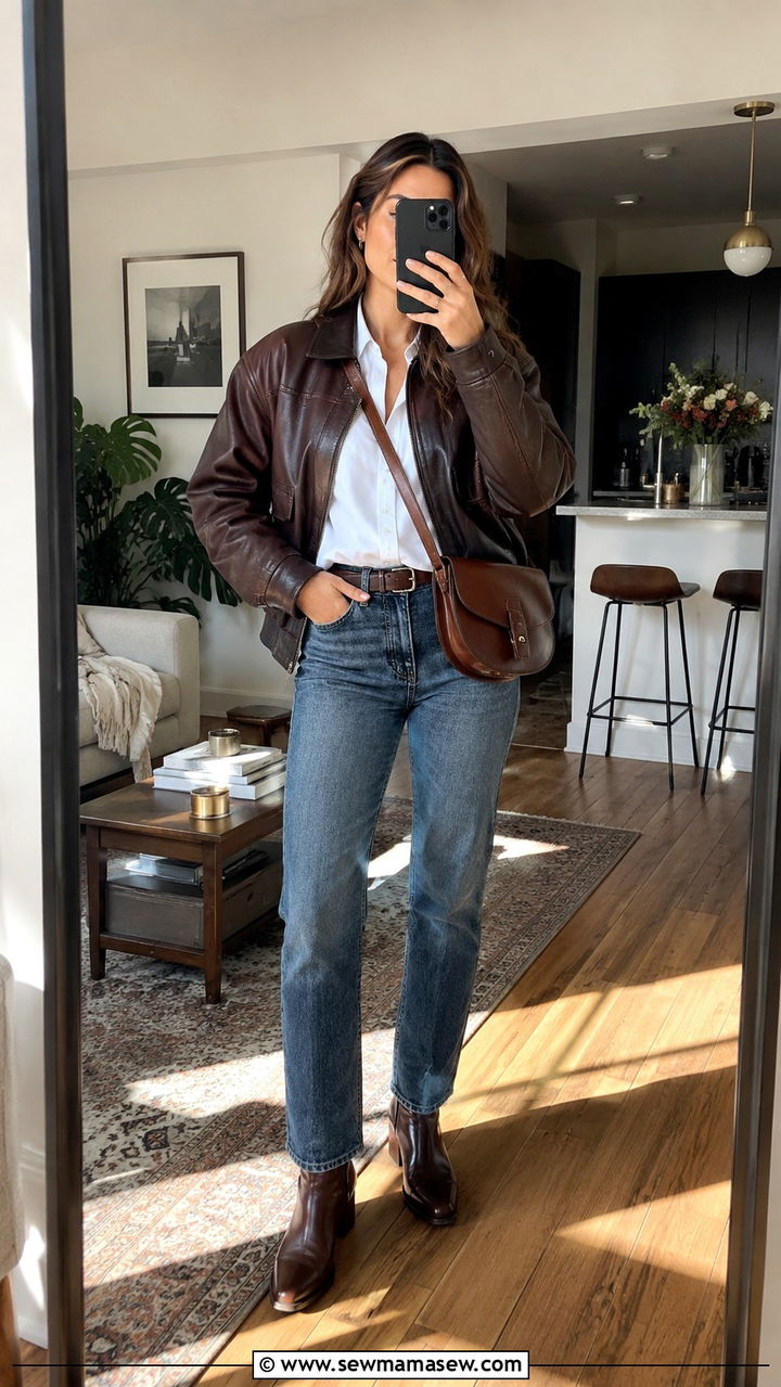 Brown Leather Bomber with White Button Down and Blue Jeans - 30 How to style a bomber jacket