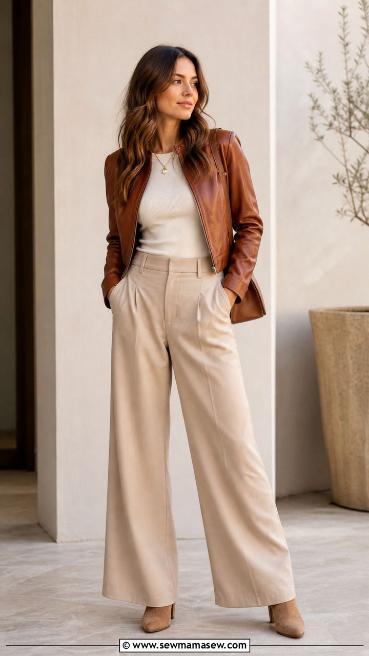 Brown Leather Jacket Monochrome Neutral Outfit - 40 leather jacket outfit ideas for women