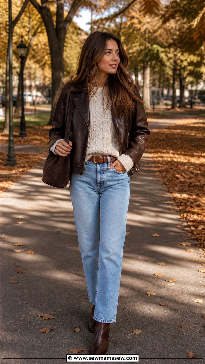 Brown Leather Jacket With Cream Knit And Blue Jeans - 40 casual leather jacket outfits
