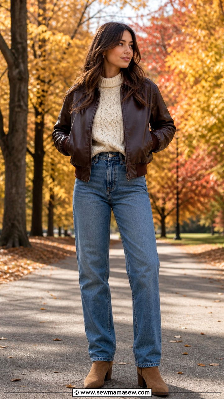 Brown Leather Jacket With Cream Sweater And Straight Leg Jeans - 40 leather jacket outfit ideas for women