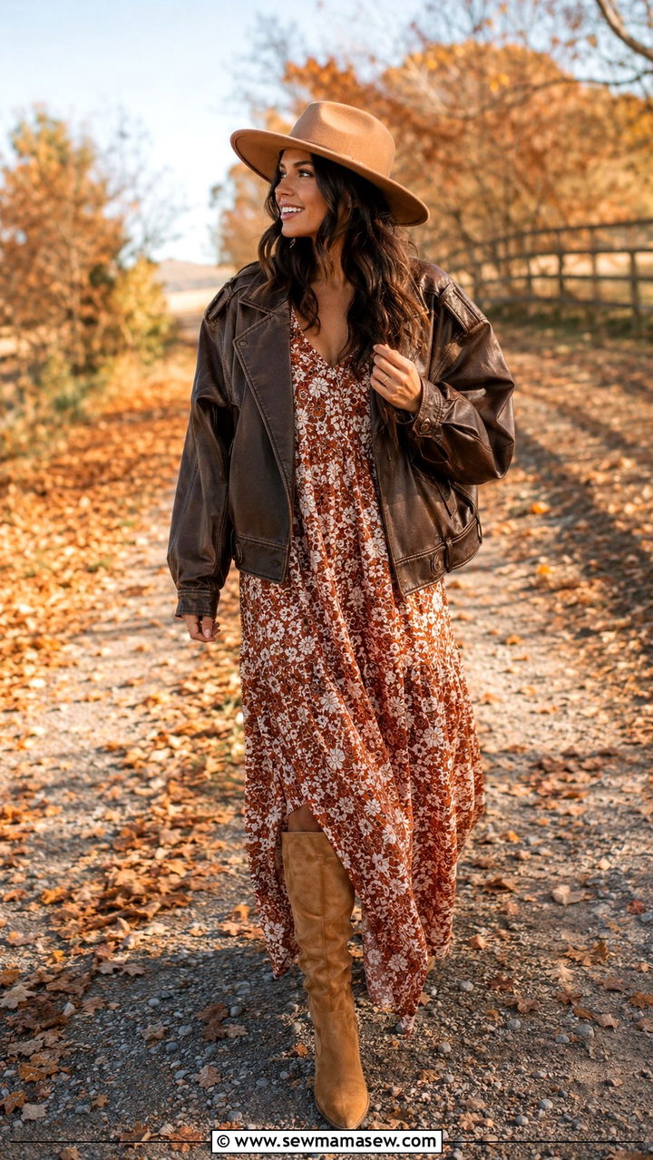 Brown Leather Jacket With Floral Maxi Dress - 30 Leather jacket outfit ideas with a dress