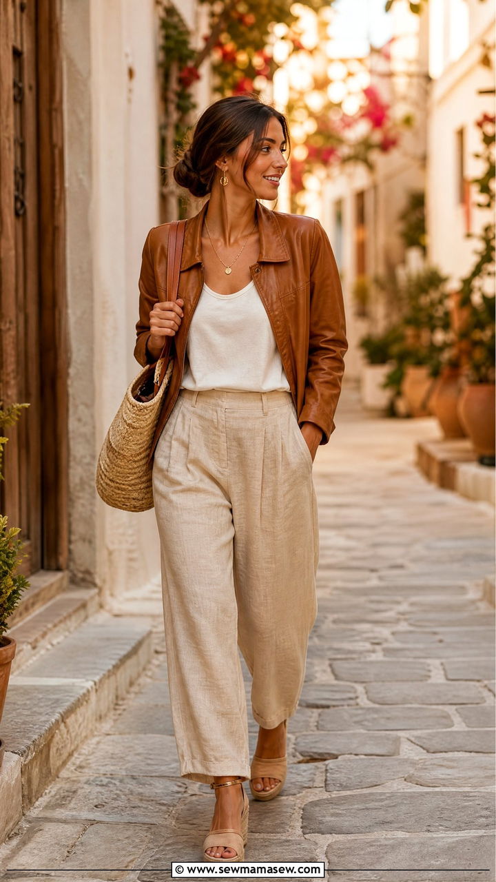 Brown Leather Jacket With Linen Trousers - 30 How to style a leather jacket in summer
