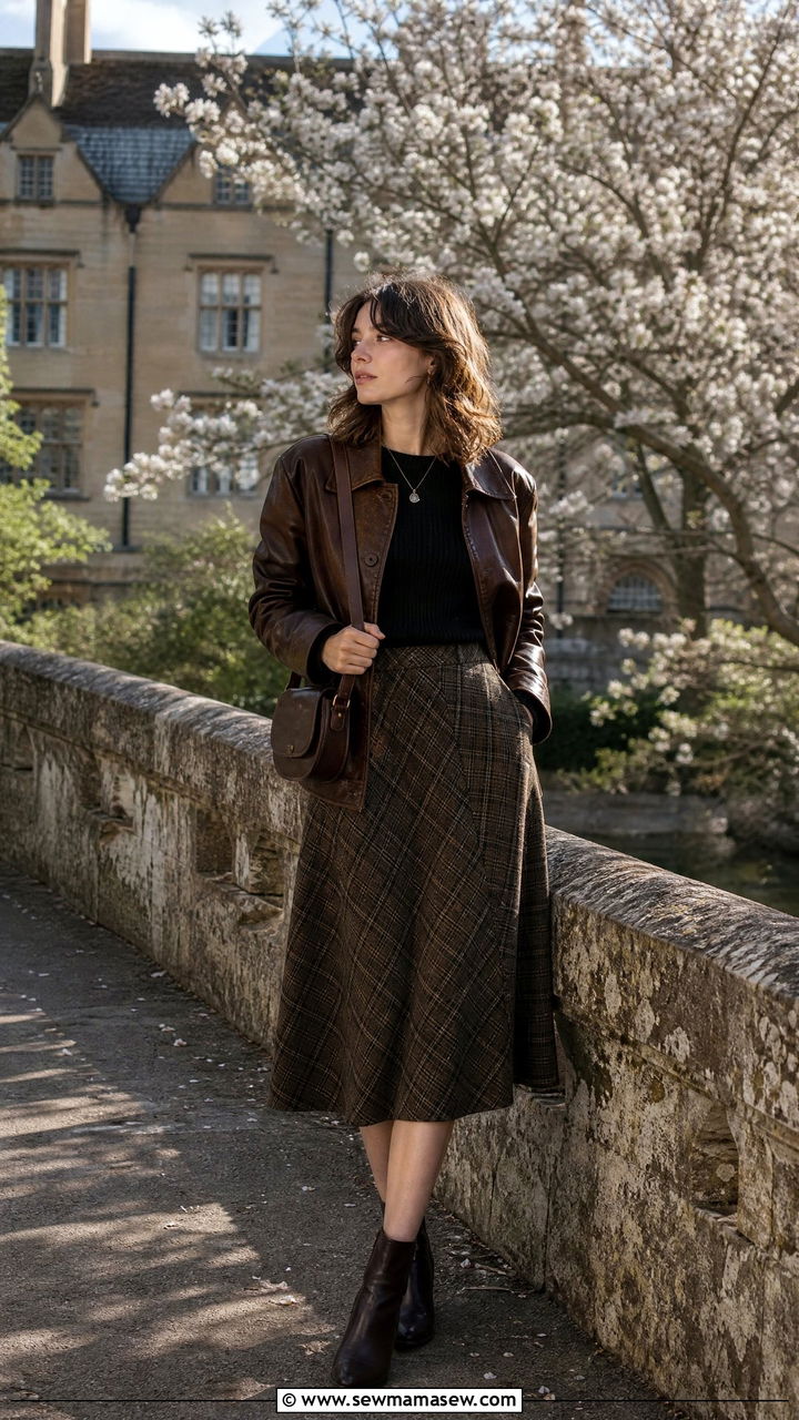 Brown Leather Jacket With Plaid Midi Skirt Outfit - 30 Dark academia spring outfits