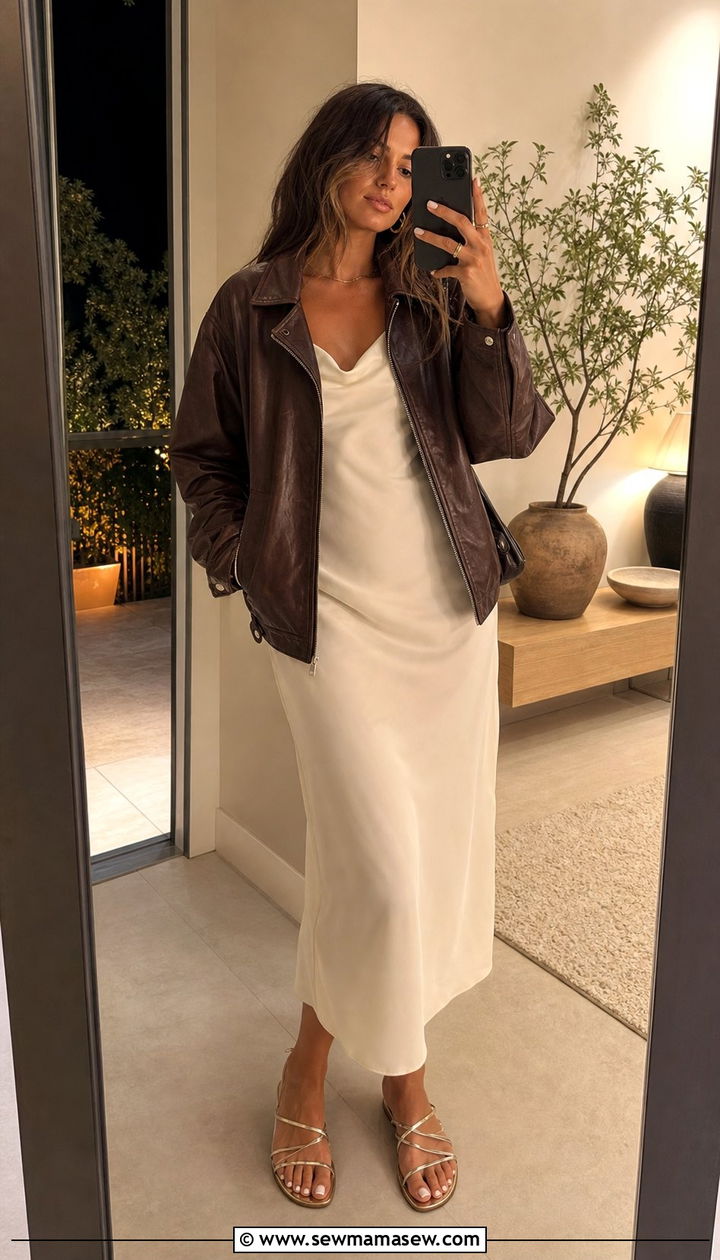 Brown Leather Jacket With Slip Dress and Strappy Sandals - 25 Elevated spring outfit ideas 2026