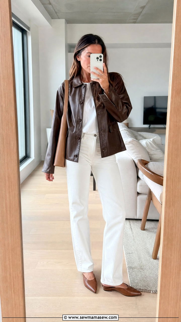 Brown Leather Jacket With White Denim And Mules - 30 classy trendy outfits
