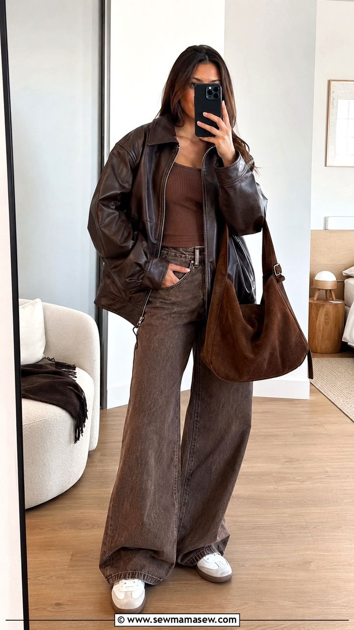 Brown Leather Jacket With Wide Leg Jeans - 30 Monochromatic brown outfits