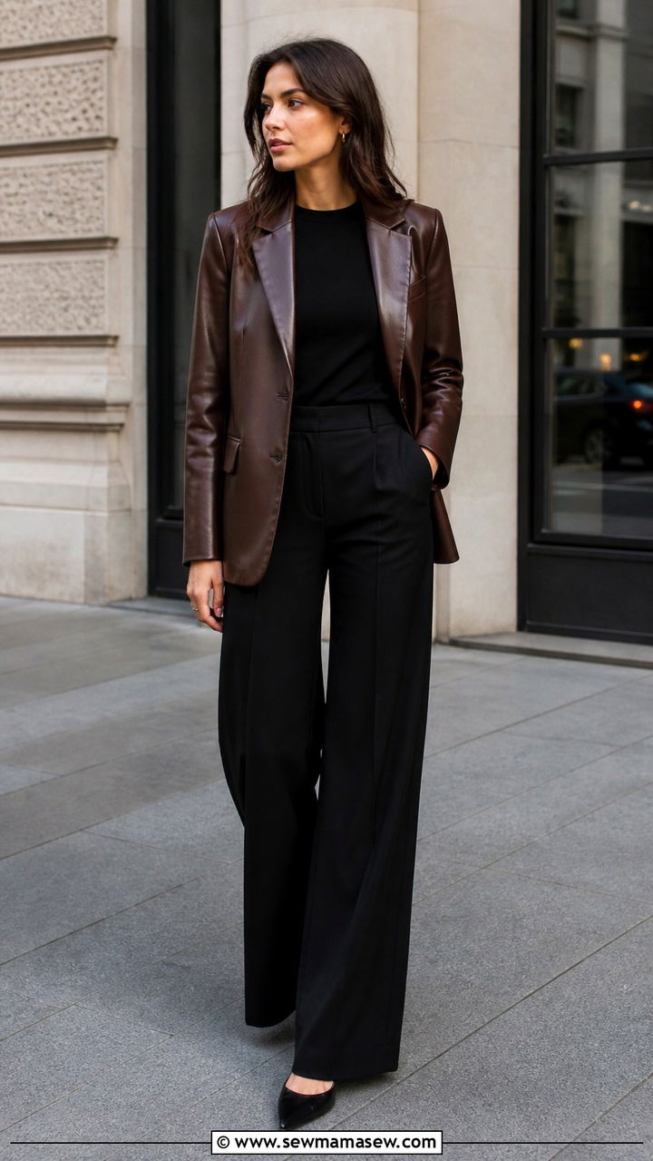 Brown Leather Jacket and Black Trousers Outfit - 40 Brown outfit ideas
