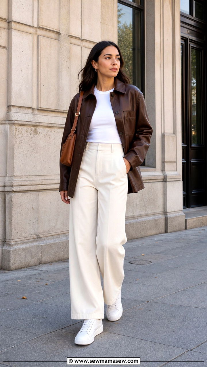 Brown Leather Jacket with Cream Trousers - 40 Clean girl outfit ideas