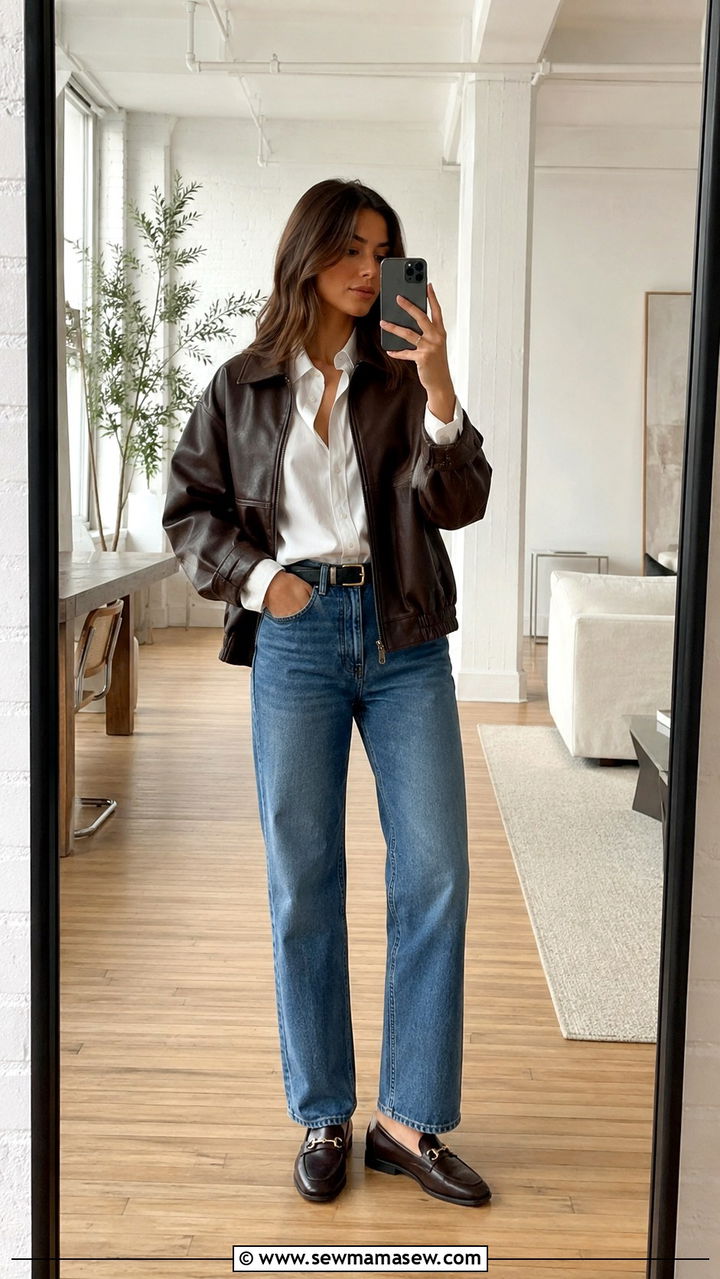 Brown Leather Jacket with White Button Down and Straight Leg Jeans - 30 loafers outfit ideas for women