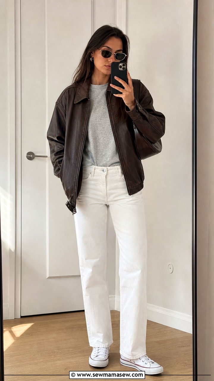 Brown Leather Jacket with White Jeans and Converse - 25 Summer outfits with leather jackets