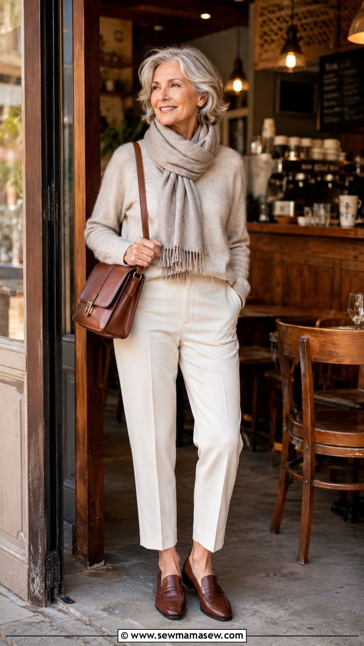 Brown Leather Loafers With Cropped Trousers And Cashmere Sweater - 30 Classy outfits for women over 60