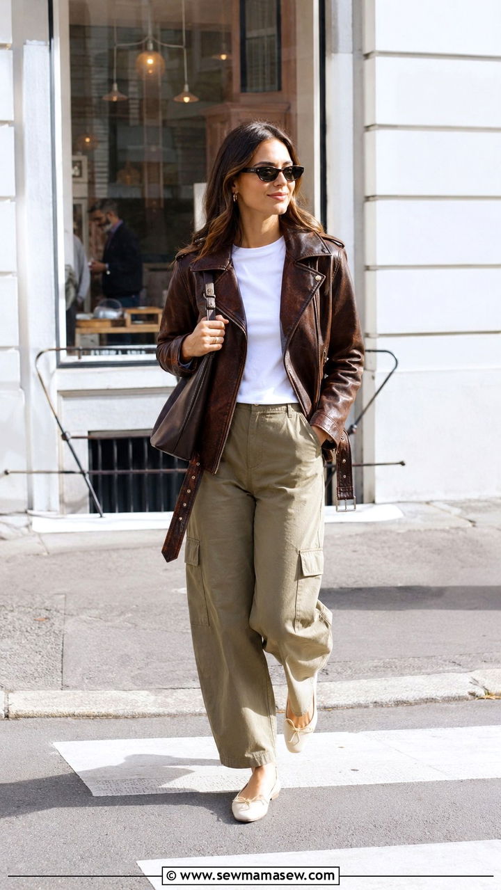 Brown Leather Moto Jacket and Barrel Leg Cargo Pants Outfit - 30 Spring leather outfits