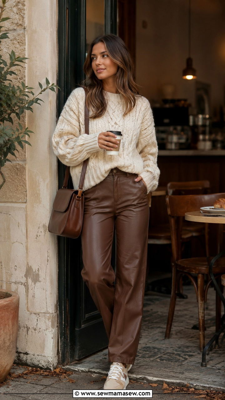 Brown Leather Pants With Cream Cable Knit Sweater and Retro Sneakers - 30 Leather pants outfit ideas with sneakers