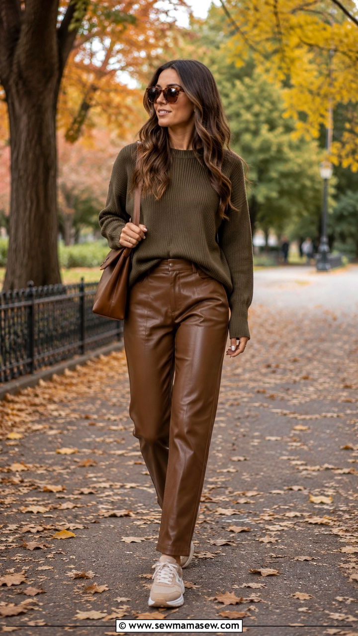 Brown Leather Pants With Olive Sweater and Beige Sneakers - 30 Leather pants outfit ideas with sneakers