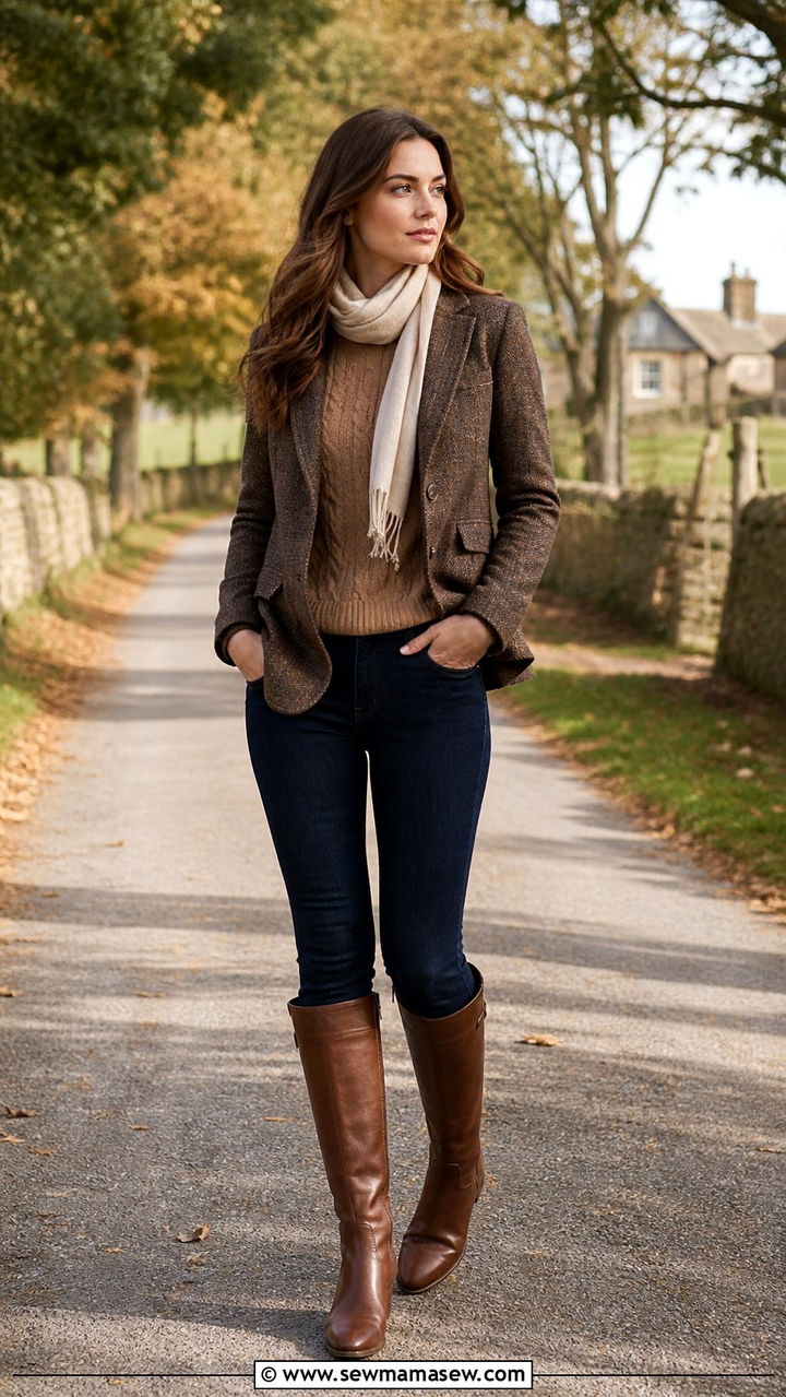 Brown Leather Riding Boots With Skinny Jeans and Blazer - 40 old money outfit ideas for women