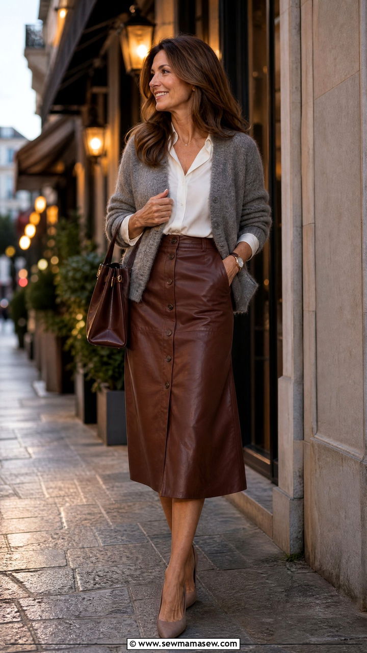 Brown Leather Skirt and Grey Cardigan Outfit - 30 Cute outfits for women over 40