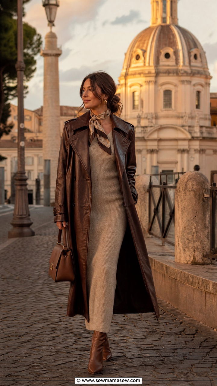 Brown Leather Trench with Knit Maxi Dress - 25 classy Italy outfits