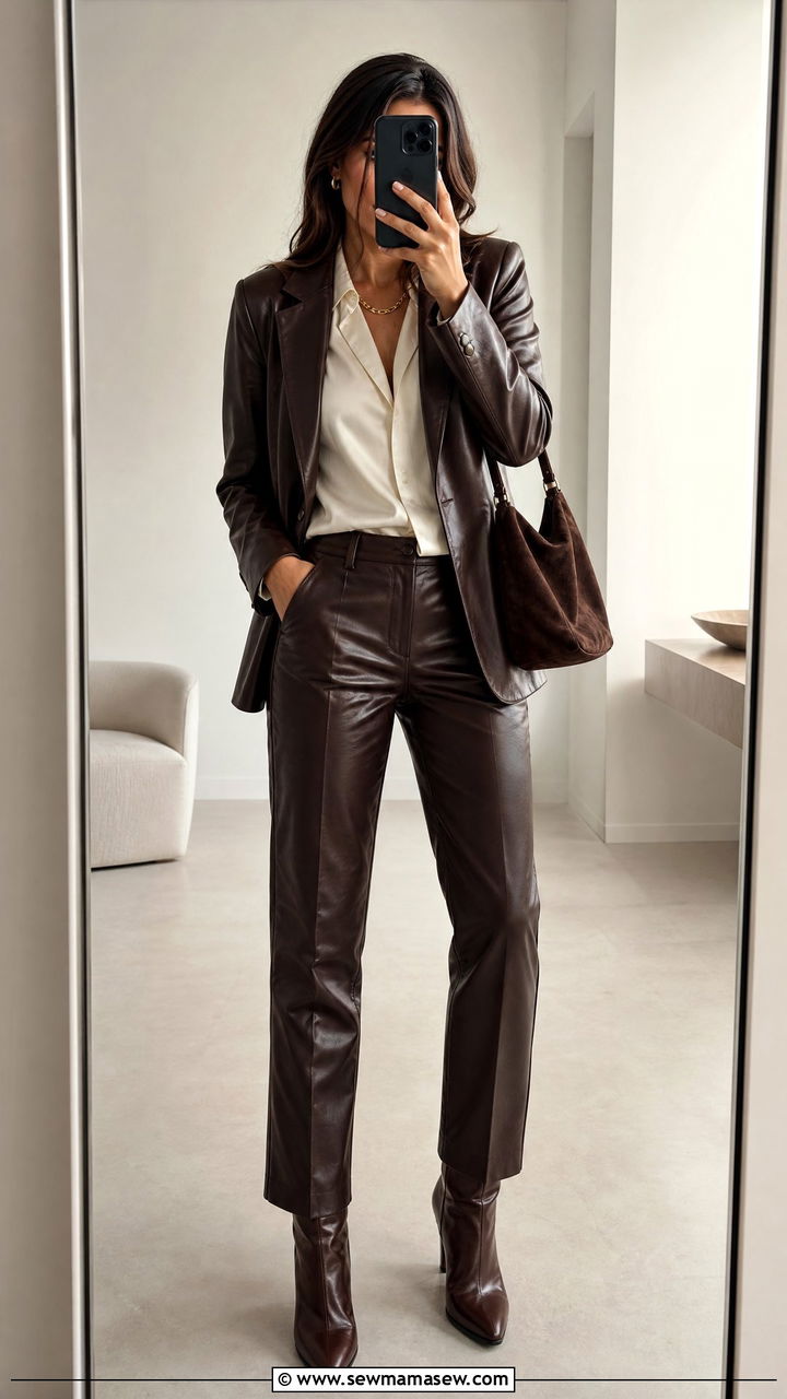Brown Leather Two Piece Set Outfit - 25 Leather matching set outfit ideas