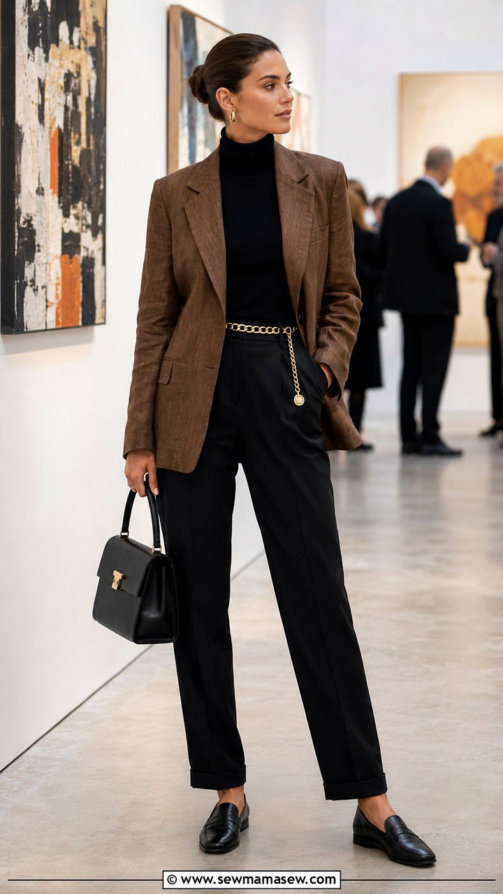 Brown Linen Blazer With Black Turtleneck and Tailored Black Trousers - 30 Linen blazer outfit ideas with loafers