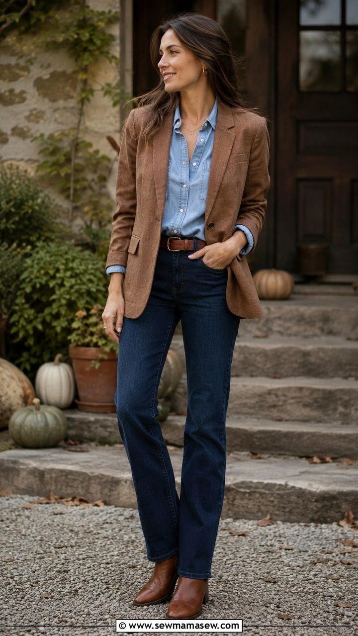 Brown Linen Blazer With Chambray Shirt And Jeans - 30 Linen blazer outfit ideas with jeans
