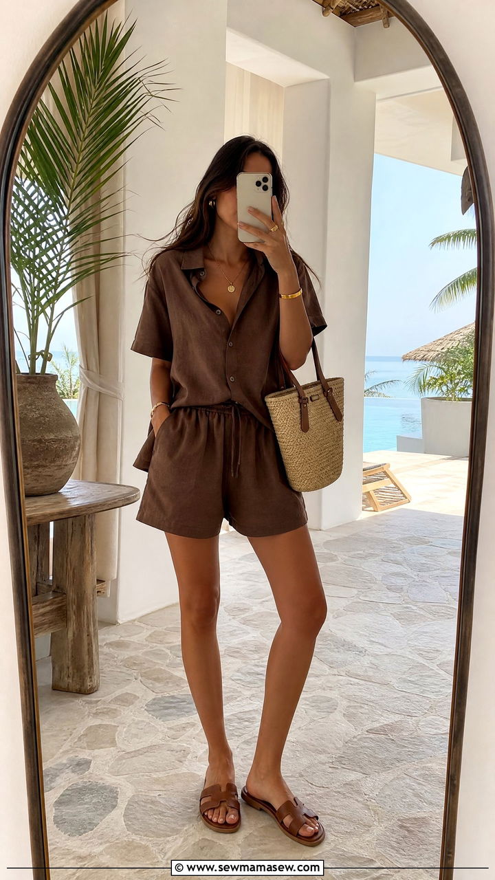 Brown Linen Co Ord Set With Leather Slides - 30 Summer outfits in brown