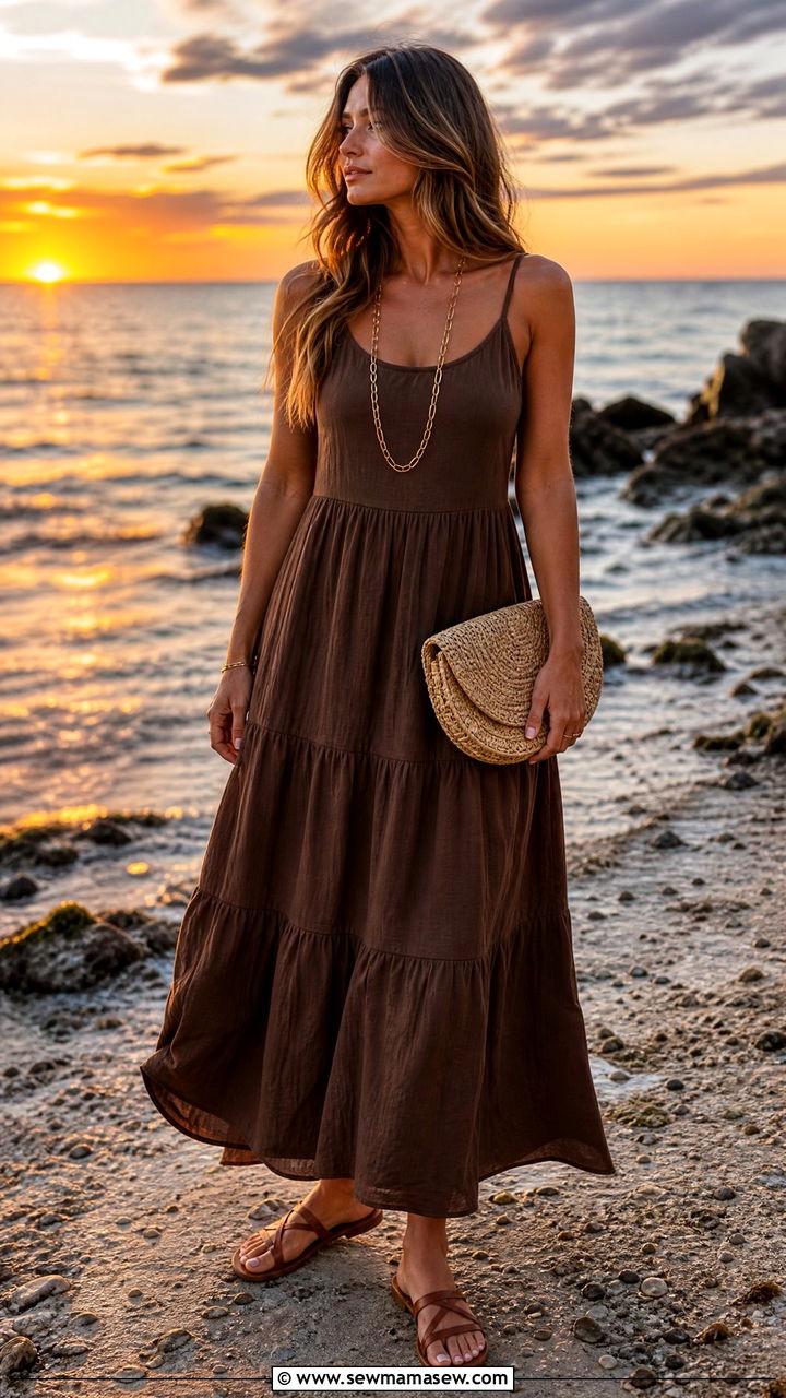 Brown Linen Maxi Dress and Flat Sandals - 35 Minimalist summer outfits