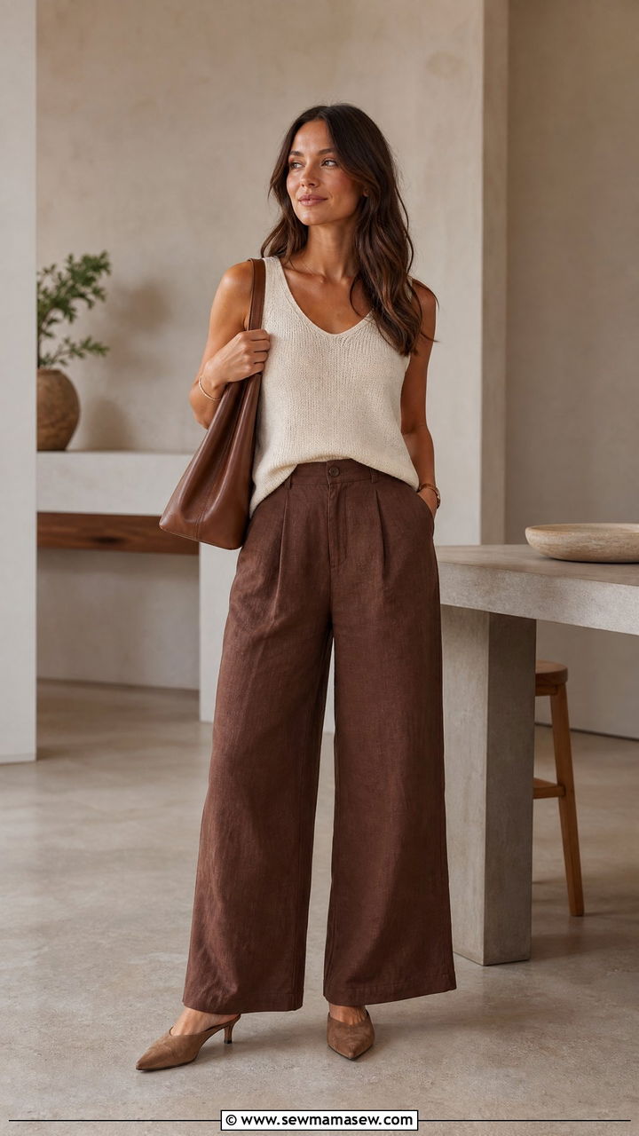 Brown Linen Pants With Cream Knit Top - 35 linen pants outfit ideas