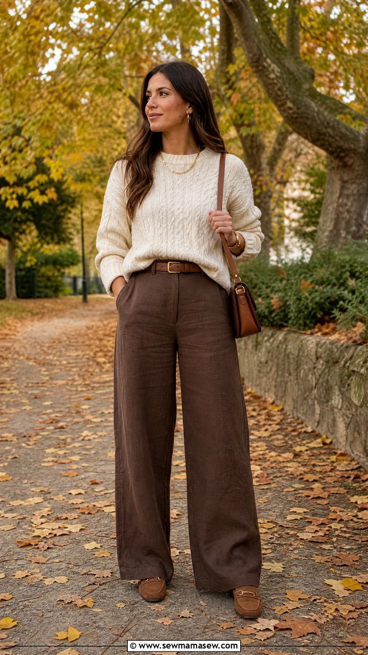 Brown Linen Pants with Textured Knit Outfit - 35 linen pants outfits ideas