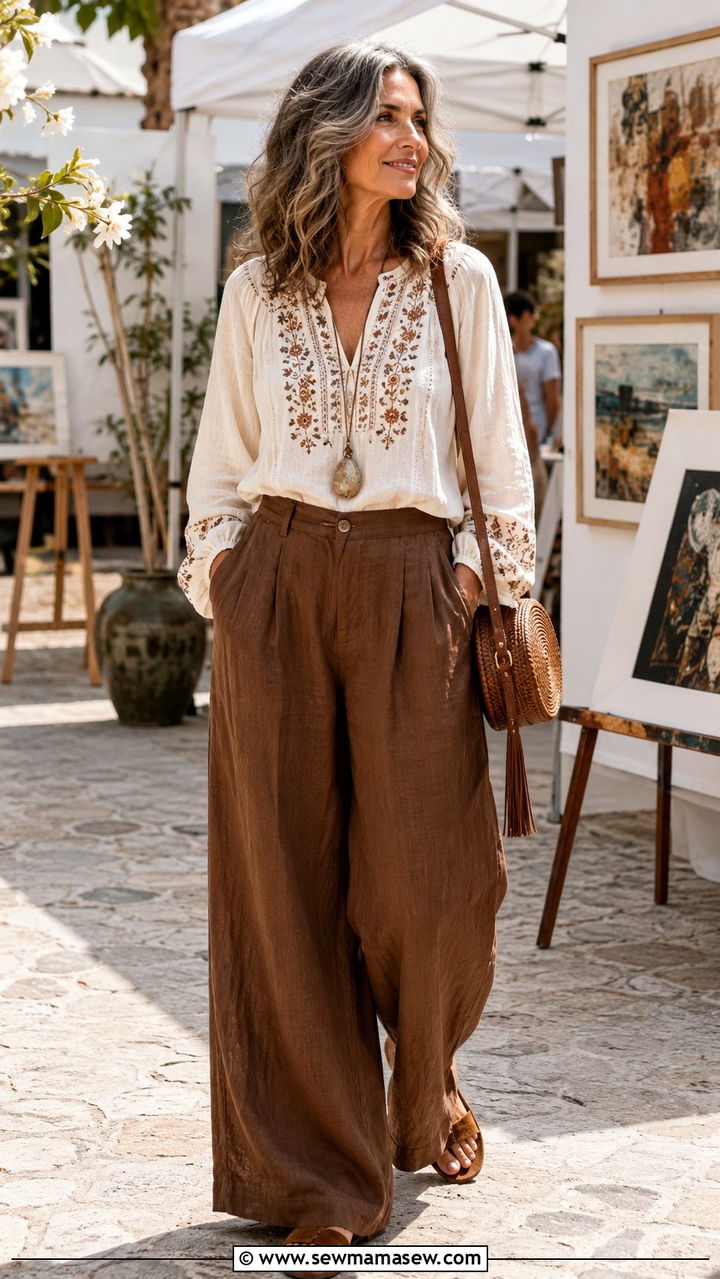 Brown Linen Pants with a Boho Embroidered Blouse - 30 Linen pants outfit ideas for women over 50