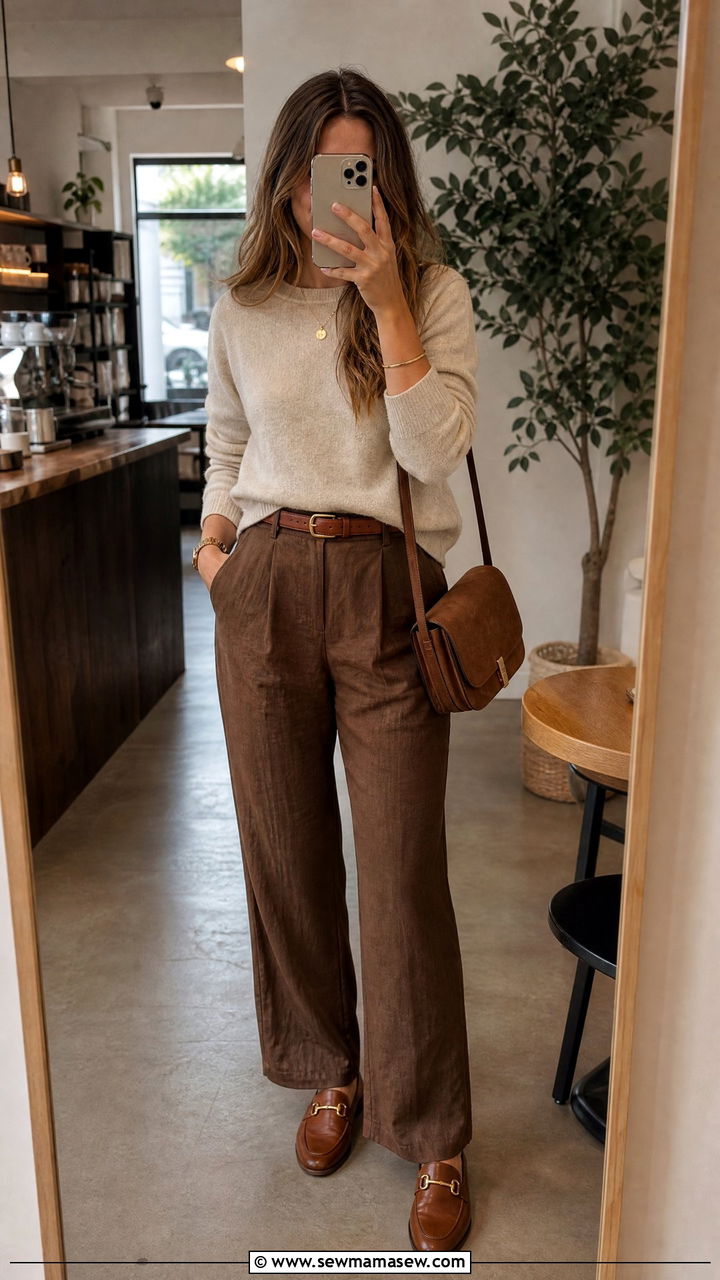 Brown Linen Trousers With Lightweight Sweater And Leather Loafers - 35 linen pants outfits