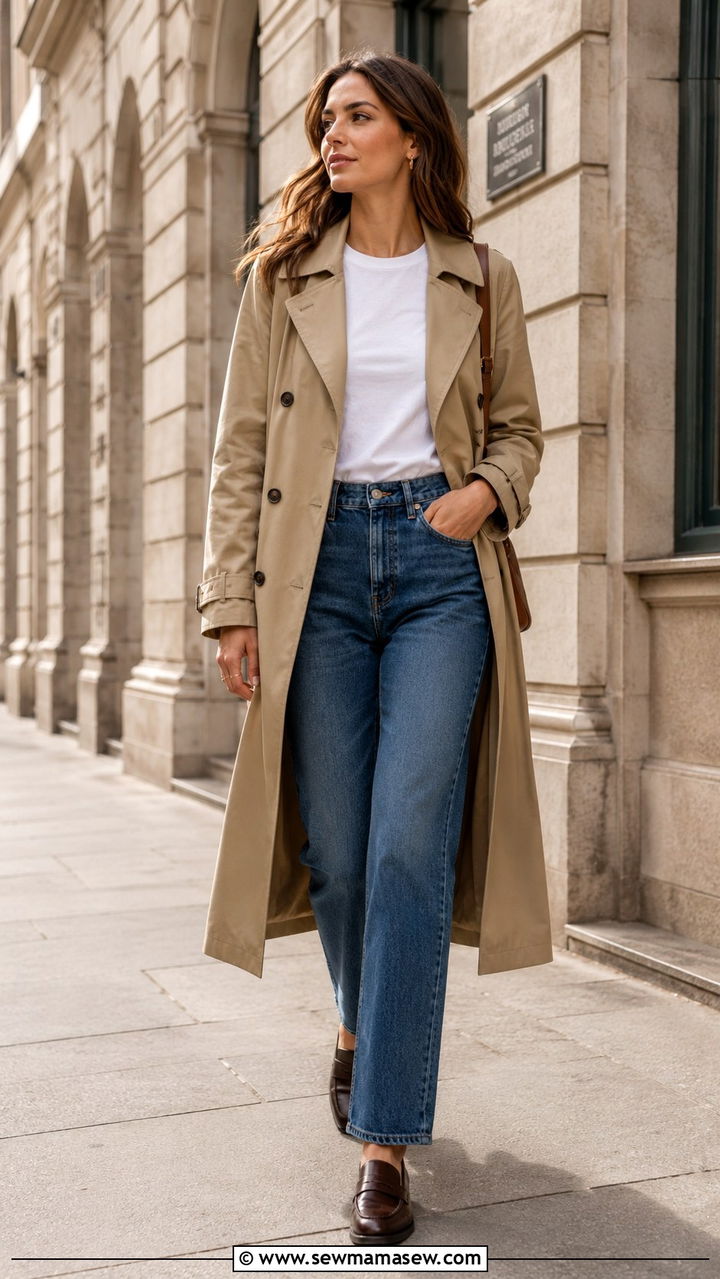 Brown Loafers With Jeans And Classic Beige Trench Coat - 30 Loafers outfit ideas with jeans
