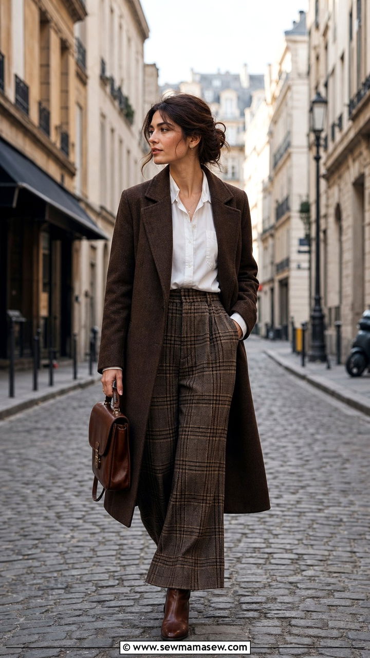 Brown Long Coat with White Blouse and Plaid Wide Leg Pants - 25 cute dark academia outfits