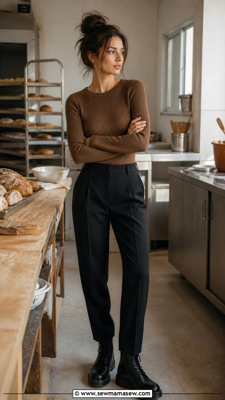 Brown Longsleeve and Black Suit Pants Outfit - 20 Baker outfit ideas