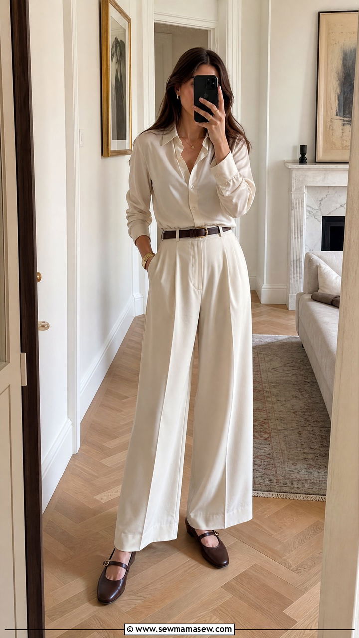 Brown Mary Jane shoes with wide leg trousers and a tucked in blouse - 25 Mary Jane shoes outfit ideas