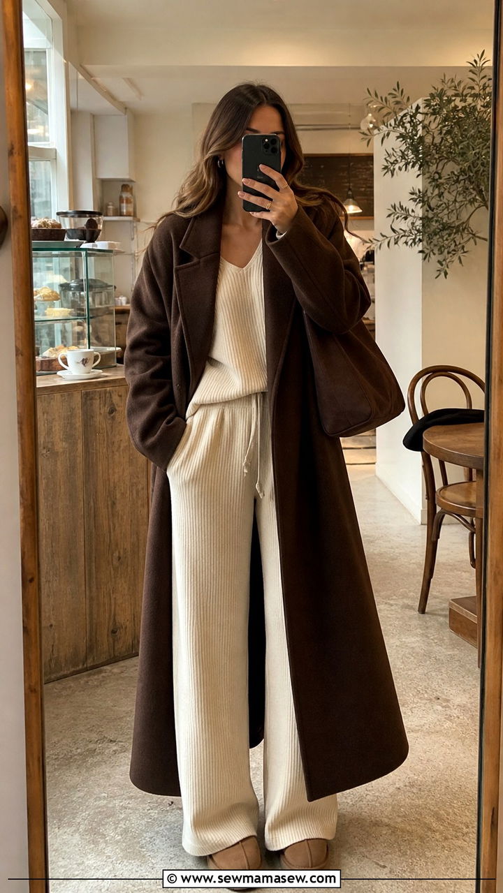 Brown Maxi Coat With Cream Knit Co Ord Set - 40 Maxi coat outfit ideas