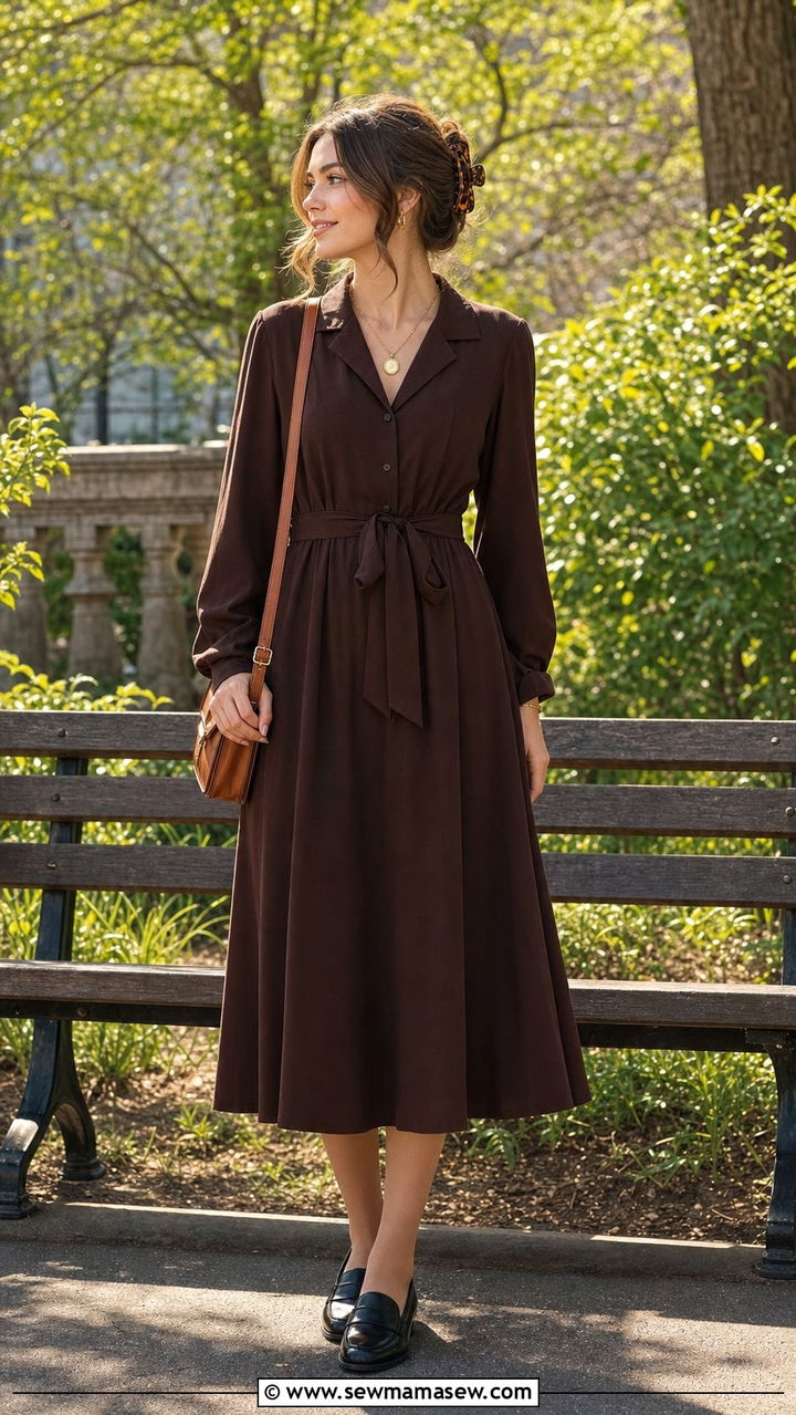 Brown Midi Dress and Leather Loafers - 25 spring dark academia outfits