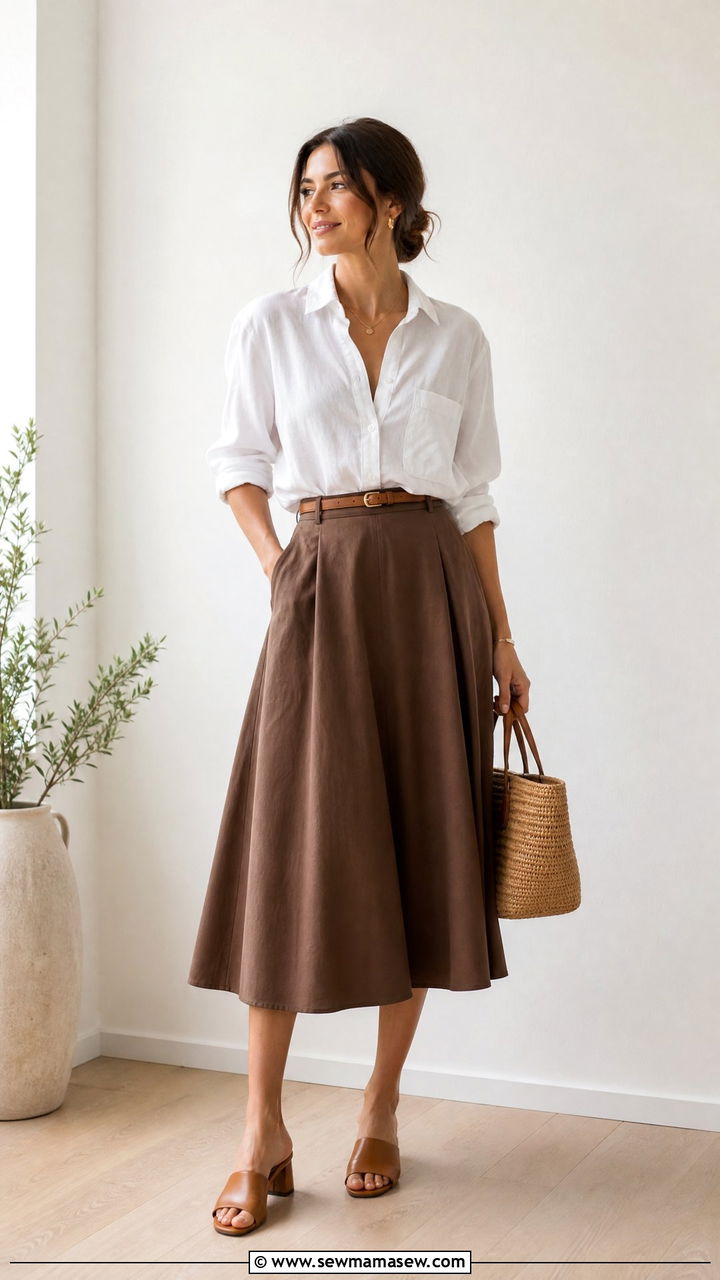 Brown Midi Skirt With White Button Down Shirt - 30 Summer outfits in brown