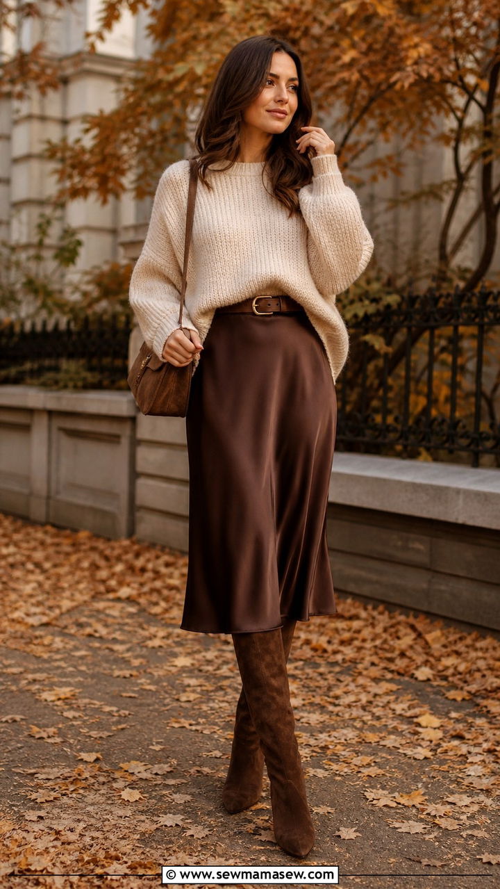 Brown Midi Skirt with Knit Sweater Outfit - 40 Brown outfit ideas