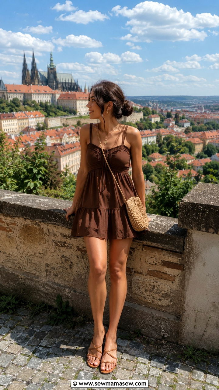 Brown Mini Sundress With Gold Accessories Outfit - 25 Prague outfit ideas