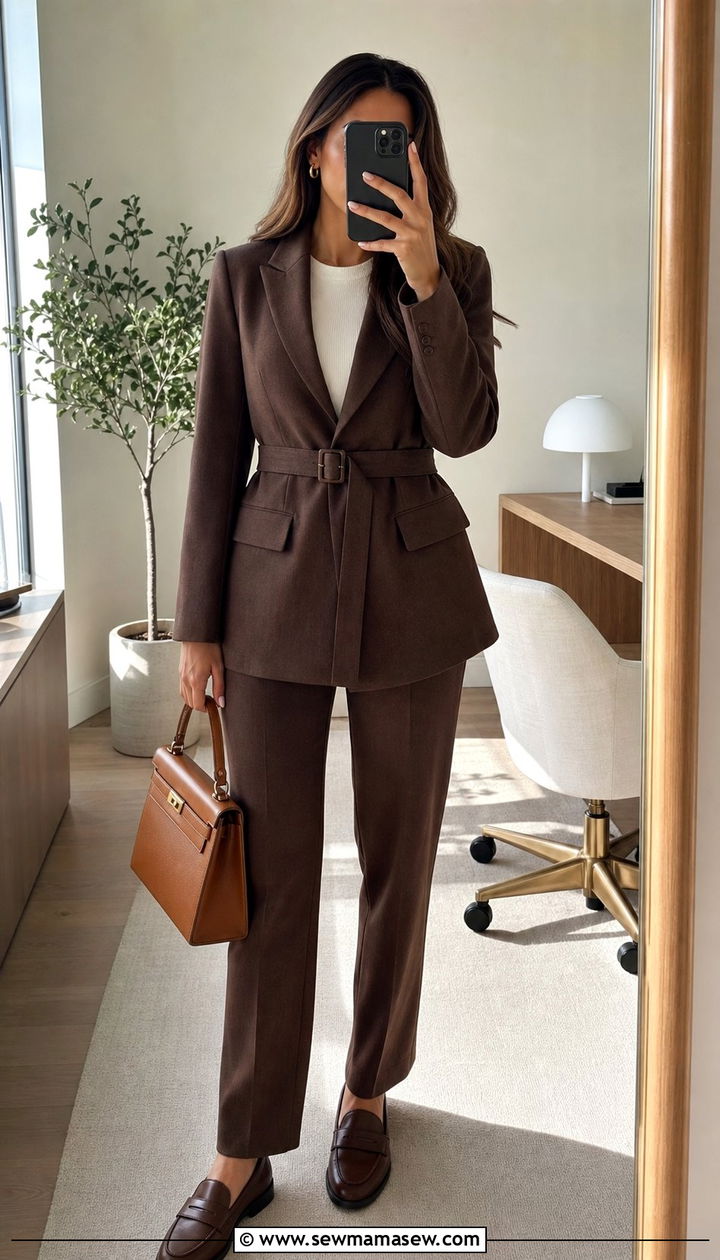 Brown Monochrome Belted Blazer Work Outfit - 25 Clean girl work outfit ideas