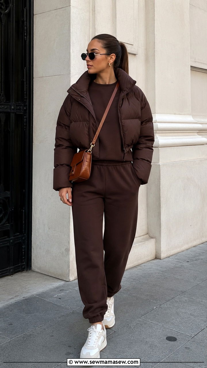 Brown Monochrome Sweatsuit With Puffer - 30 Sweatsuit outfit ideas women