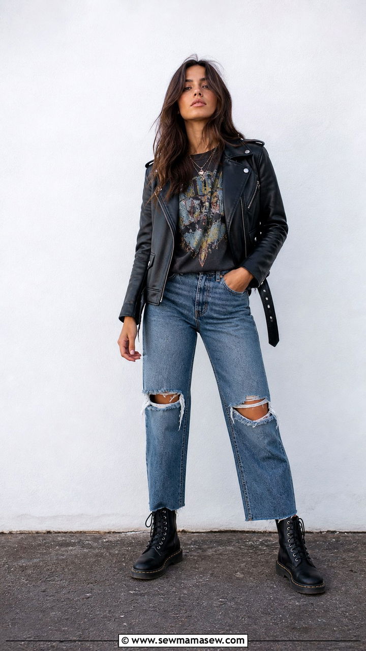 Brown Moto Jacket With Cream Knit and Straight Leg Jeans - 40 Moto jacket outfit ideas