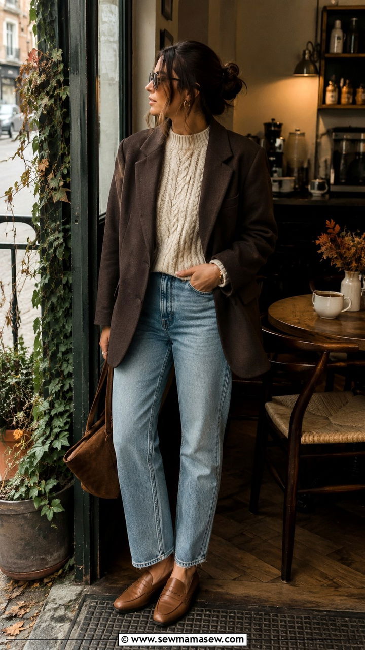 Brown Oversized Blazer With Cream Sweater And Blue Jeans - 30 Oversized blazer outfit ideas with loafers