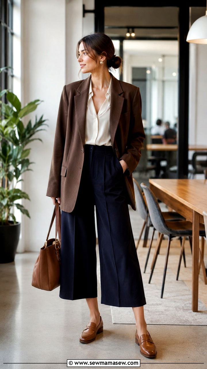 Brown Oversized Blazer With Culottes And Tucked In Blouse - 30 Oversized blazer outfit ideas with loafers