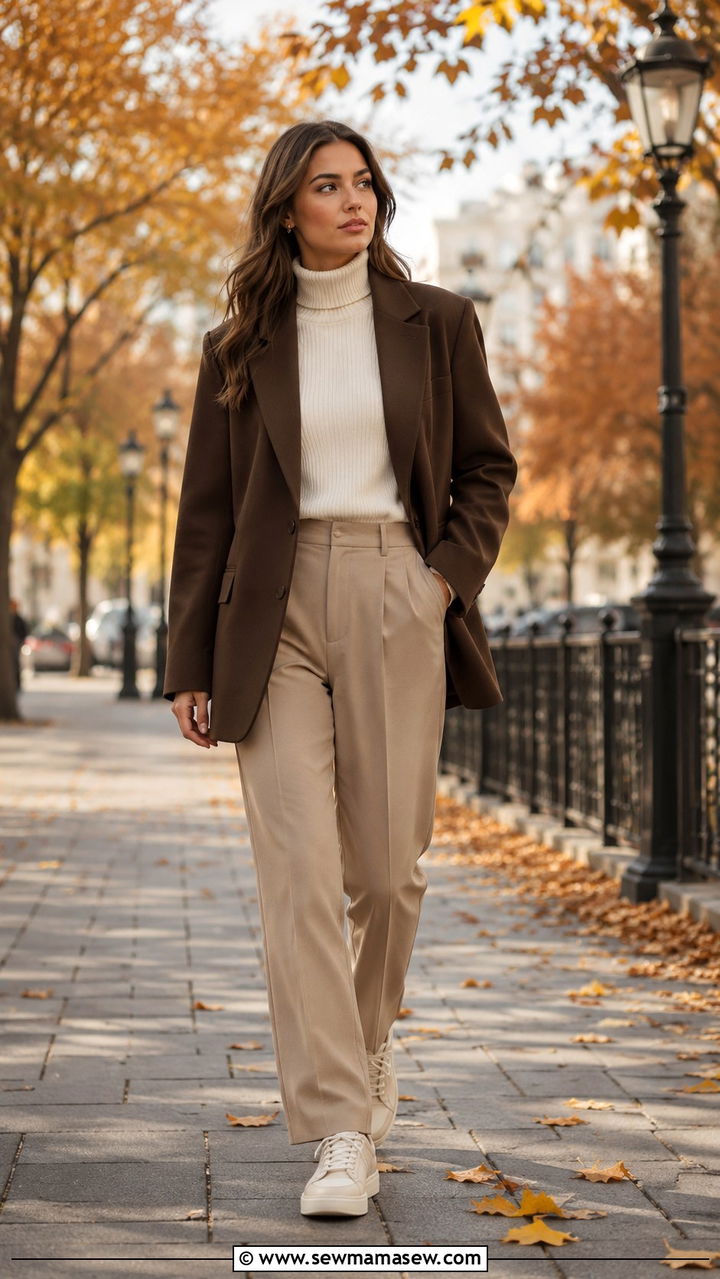 Brown Oversized Blazer With Trousers And Sneakers - 30 Oversized blazer outfit ideas with sneakers