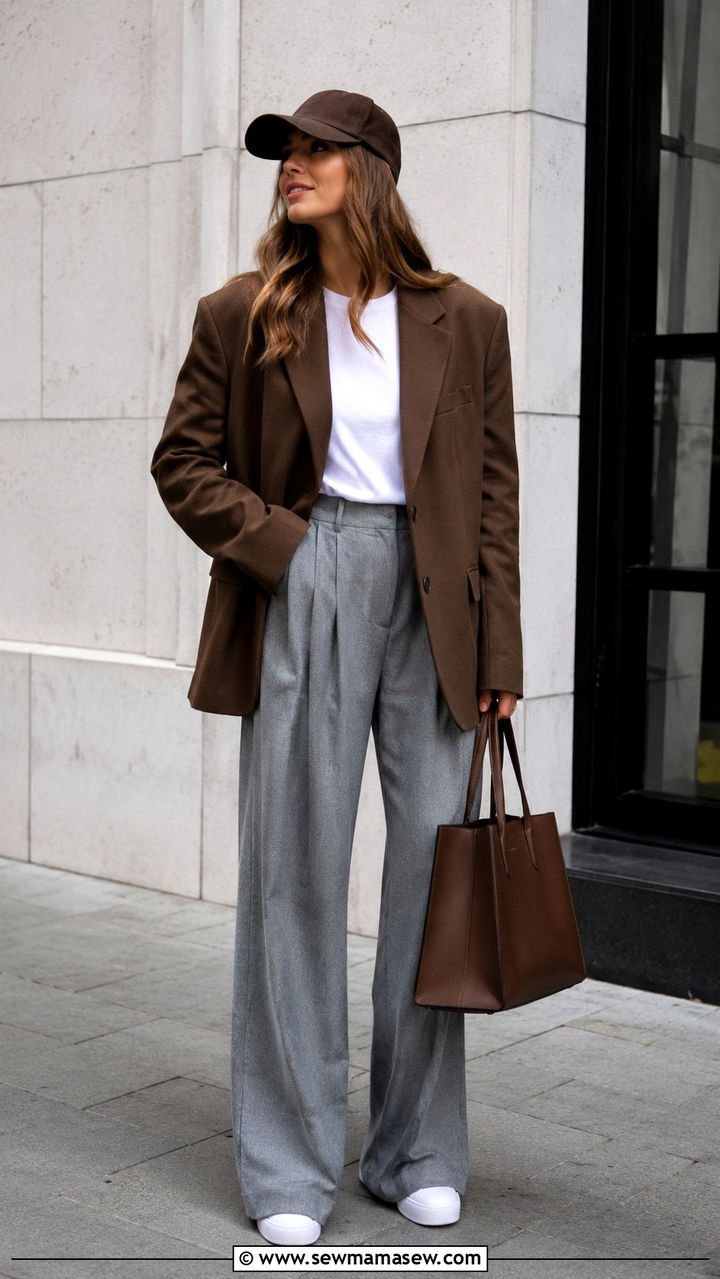 Brown Oversized Blazer With Wide Leg Gray Trousers - 25 travel outfits aesthetic