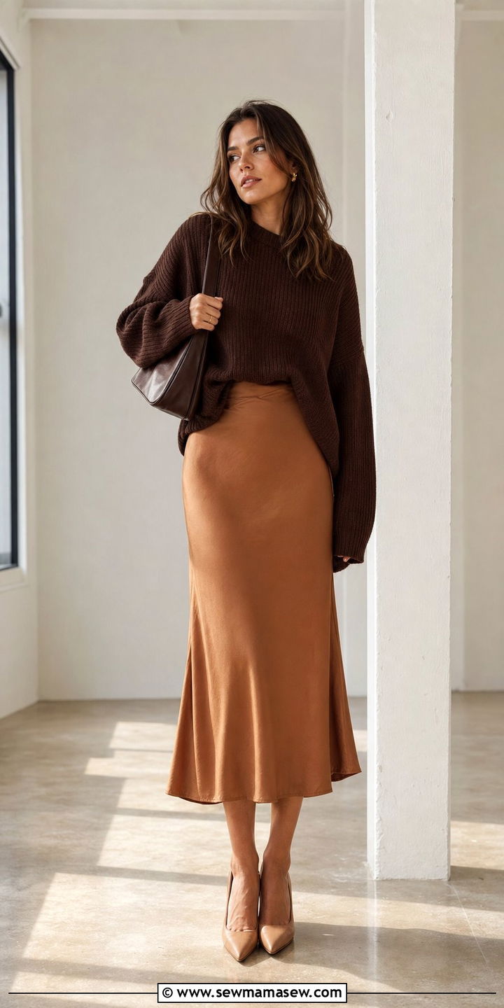 Brown Oversized Sweater With Satin Slip Skirt - 35 brown outfit ideas for women